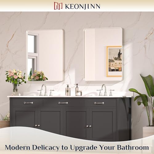 Keonjinn 24 x 30 Inch Brushed Nickel Bathroom Vanity Mirror, Aluminum Frame - Image 2