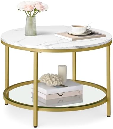 VASAGLE Round Coffee Table, 2-Tier, Faux Marble Top, Glass Storage Shelf by VASAGLEbySONGMICSHOME