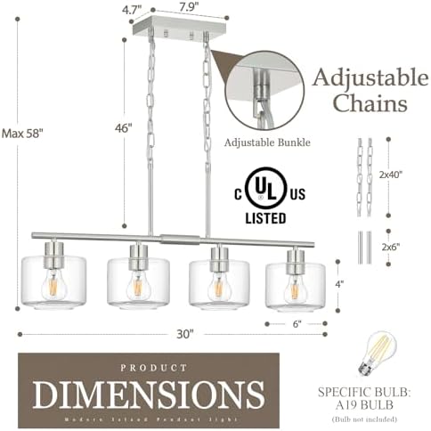4-Light Brushed Nickel Kitchen Island Lighting, Modern Linear Dining Room Chandelier Light Fixtures with Clear Glass and Chain, Mid Century Hanging Lights for Kitchen Island, OS-YQ8153-4ISBNC - Image 3