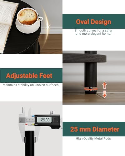 Small Round Side Table - 3-Tier Oval Accent Table for Small Spaces, Rustic Wood and Metal Nightstand for Living Room or Bedroom, Built-in USB Ports and Power Outlet, Charcoal Wenge - Image 3