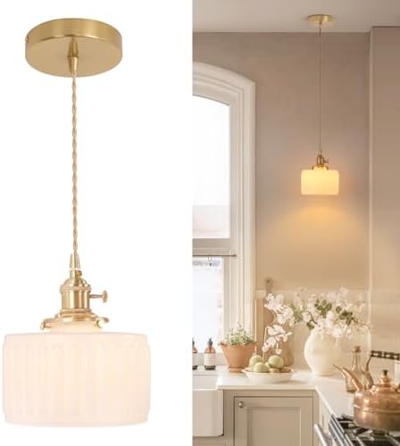Shenmoyl Pendant Light with White Striped Glass Lmapshade, Brass Vintage Pendant Light Adjustable Hanging Light for Kitchen Island Dining Room Hallway by Shenmoyl