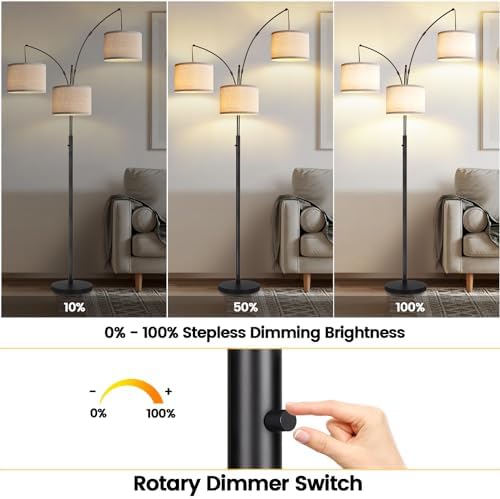 Dimmable Floor Lamp - 3 Lights Arc Floor Lamps for Living Room, 1000LM Modern Tall Standing Lamp with White Shades & Heavy Base, Mid Century Tree Floor Lamp for Bedroom Office, 3 LED Bulbs Included - Image 3