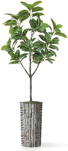 Artificial Tree in Black and Brown Striped Planter, Fake Magnolia Tree for Indoor and Outdoor Home Decoration - 70" Overall Tall (Plant Pot Plus Tree) - Image 2