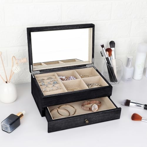 Meangood Jewelry Box Organizer for Women, 2 Layer Large Jewelry Storage Case, Rustic Wooden Jewelry Box with Mirror & Ring Tray for Necklace Earring Bracelets Rings, Vintage Style (Black) - Image 3