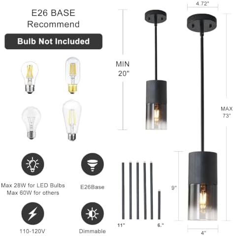 Pendant Light Fixtures, Adjustable Modern Pendant Lights for Kitchen Island, Industrial Glass Pendant Lights for Dining Table Hallway Bedroom Living Room Black 3 Packs - Image 3