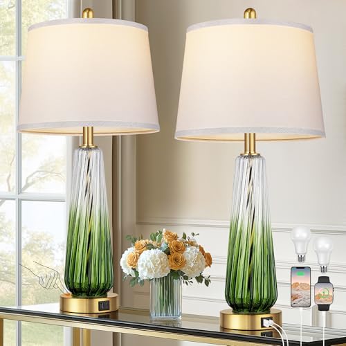 Modern Glass Table Lamps Set of 2, 27.5" Bedside Lamp for Bedroom, Green by Qimh