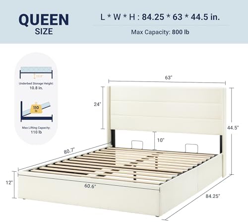 Allewie Queen Size Chenille Lift Up Hydraulic Storage Bed Frame Cream White - Image 2