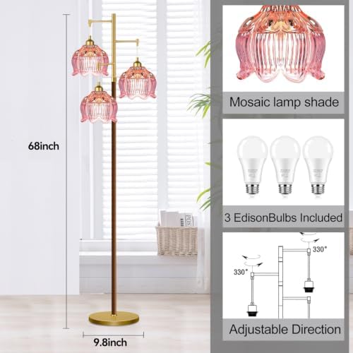 QIYIZM Pink Floor Lamp for Living Room,Bedroom,Glass Mid Century Modern Standing Lamp Brass Tree 3 Light Tall Floor Lamps Wood Vintage Retro Gold Floor Lights Standing Flower LampShade Boho Bohemian - Image 4
