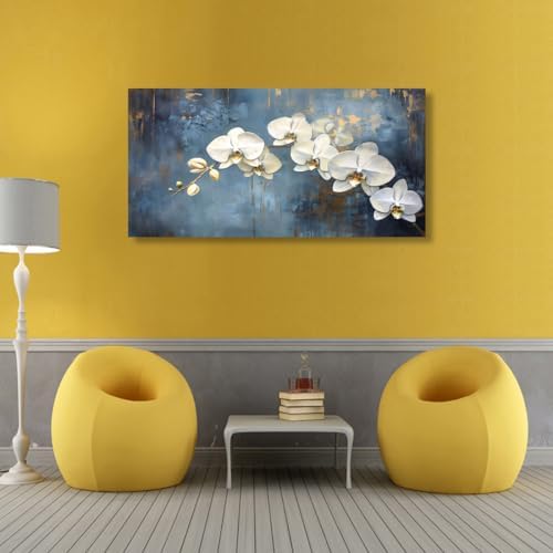 Abstract White Butterfly Orchid Canvas Wall Art for Living room Office Bedroom Flowers Wall Art Print Oil Paintings Modern Blue Gold Rain Mist Pictures Wall Decor Artwork Ready to Hang - 20in * 40inch - Image 5