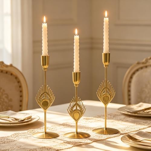 GOESWELL Candle Sconces Decor: Wall Candle Sconces Gold Taper Candle Holders Vintage Candle Holders Set of 3 for Table Centerpieces Living Room (Candlestick Holder) - Image 2
