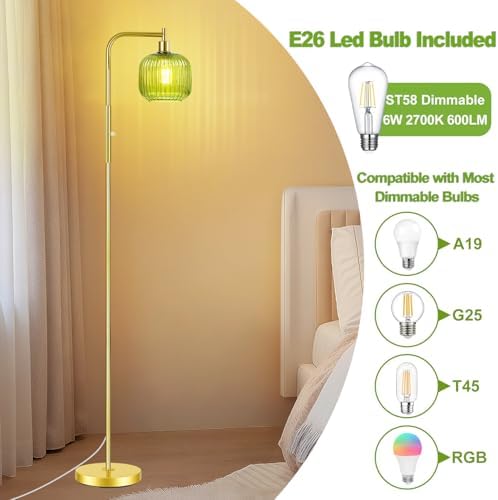 Dimmable Gold Floor Lamp with Ribbed Shade, Vintage Green Standing Lamp Dimmable with Solid Base, Arc Floor Lamps Glass for Living Room, Bedroom, Office, Decorative Tall Corner Lamps Gift Use - Image 3