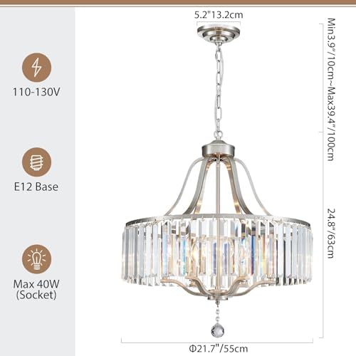 Modern Crystal Chandeliers Round 6-Light Large Brushed Nickel Pendant Lighting Fixture for Dining Room Living Room Kitchen Island Bedroom Hallway 21.7" Adjustable Height Hanging Lamp - Image 3