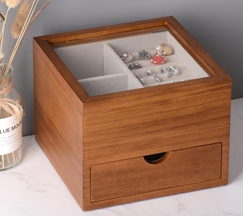 Clasin Home Jewelry Box with Glass Lid, 2 Layer Jewelry Organizer for Women, Solid Wooden Jewelry Box Display for Ring Earrings Necklace Bracelet, Pine Wood Jewelry Boxes Vintage Style for Gifts by ClasinHome