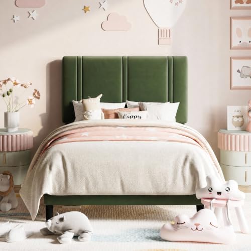 Allewie Twin Platform Bed Frame with Velvet Upholstered Headboard by Allewie