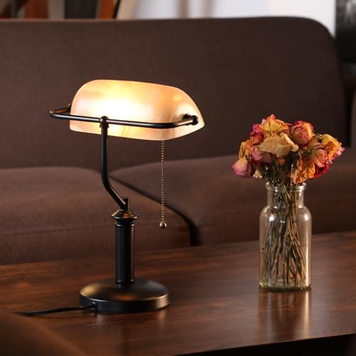 TORCHSTAR Pale Yellow Glass Bankers Desk Lamp with Pull Chain, E26 Base - Image 2