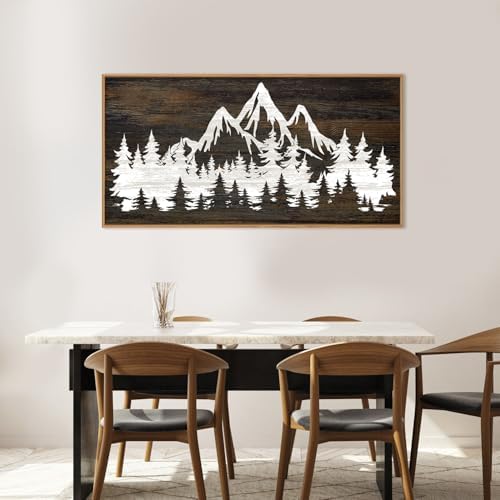 LHIUEM Large Mountain Tree Framed Canvas Wall Art,Modern White Forest Art Prints,Abstract Country Woodcut Wood Wall Decor,Farmhouse Zen Artwork for Living Room Bedroom Office-20''x40'' - Image 3