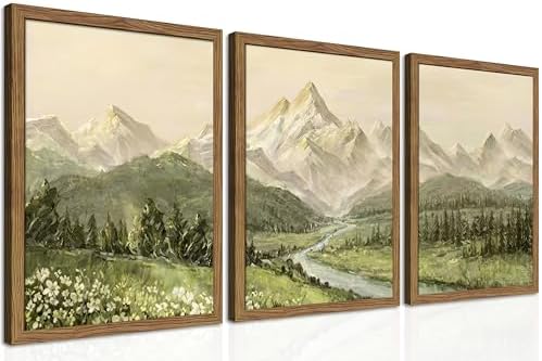 Framed Mountain Wall Art for Living Room, Green Nature Landscape Canvas Wall Decor Set of 3, Vintage Forest Rustic Farmhouse Prints Pictures Paintings for Office Bedroom 12x16 Inch by fancynewWallArt
