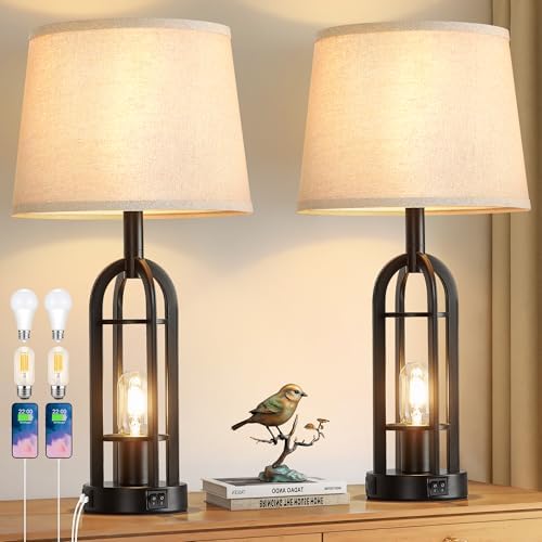 SRJJA 24" Farmhouse Table Lamps for Living Room Bedroom Set of 2, USB A+C by SRJJA