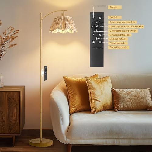 Oneach Arc Floor Lamp for Living Room with 3 Color Temperatures, Rattan Boho Floor Lamp with Remote & Dimmable Bulb, Farmhouse Floor Lamps Suitable for Bedroom, Study(Light Woodgrain) - Image 6
