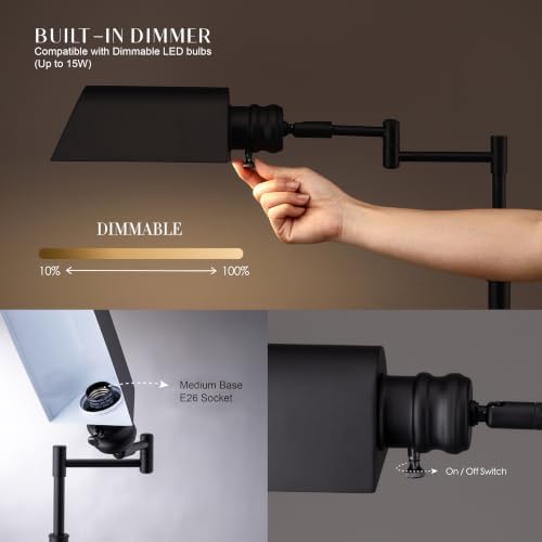 O’Bright Arcadia - Pharmacy Floor Lamp, Full Range Dimming, Swing Arm Task Lamp, E26 Socket, Bulb Replaceable, Adjustable Height 47” to 55”, 360° Rotatable Shade, All-Metal Design, Black - Image 3