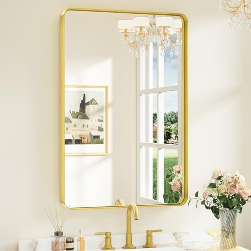Keonjinn 24 x 36 Inch Gold Bathroom Mirrors for Over Sink, Tempered Glass by Keonjinn