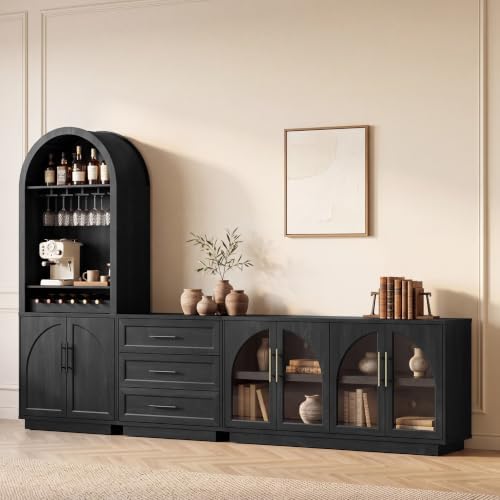 Fatmok Modular Coffee Bar with LED Lighting,Charging Station,Arched Glass Buffet Sideboard,Modern Liquor&Wine Display Storage Cabinet for Living Room,Black Grey(FEB,3-Piece) by Fatmok