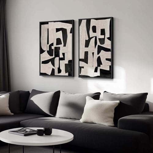 Large Framed Black and Beige Abstract Wall Art, Set of 2 Piece Minimalist Canvas Paintings Artwork for Walls, Modern Art Prints Pictures for Living Room Hallway Dining Room Bedroom Office Wall Decor - Image 2