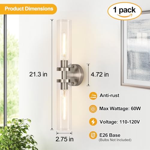 Indoi Brushed Nickel Wall Sconces, Hardwired Bathroom Sconces Vanity Light with Clear Glass, Modern Bathroom Vanity Lights fixtures for Mirror Bedroom Living Room Hallway Kitchen - Image 4
