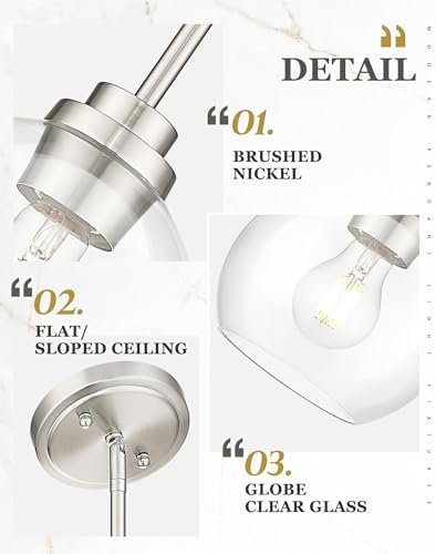 Pendant Lights Kitchen Island 2 Pack, 7" Modern Brushed Nickel Hanging Lights Fixtures with Clear Glass Globe Shade, Kitchen Island Lighting for Bathroom, AD-22280-1P2-SN-C - Image 3