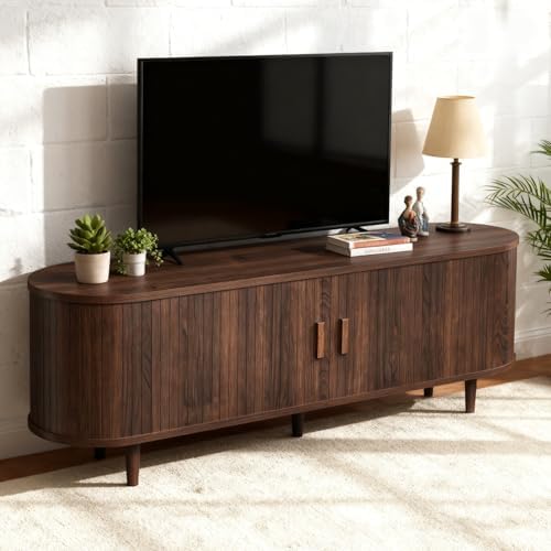 58" Mid Century Modern TV Stand, Wood TV Consoles with Sliding Doors and Power Outlet, Entertainment Center with Adjustable Shelves, Fluted TV Stands for Living Room, Walnut by Unknown