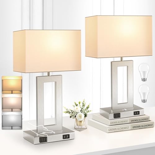 3 Color Temperatures Touch Control Table Lamps Set of 2, Stepless Dimmable Bedside Lamps with 2 USB Ports&AC Outlet, Modern Nightstand Lamps for Bedroom Living Room, Bulbs Included, Silver&White by Kondras