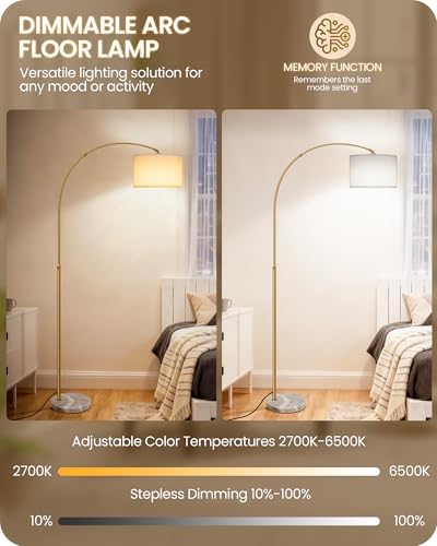 75" Dimmable Gold Arc Lamp with Marble Base, Adjustable Height, White Shade - Image 6