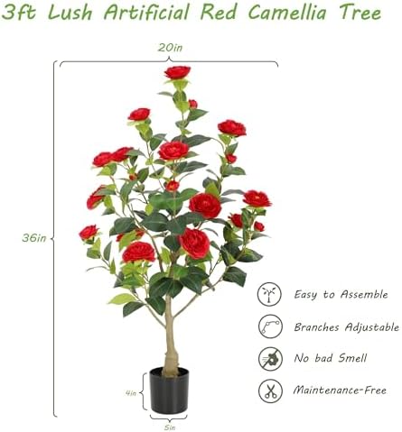 Nafresh 3FT Lush Artificial Red Camellia Tree Outdoor 2 Pack, 36inch Faux Camellia Plant, Fake Camellia Flowers Tree for Indoor Outdoor Living Room Home Patio Front Door Garden Decor - Image 5
