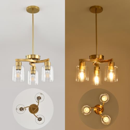 3 Light Brass Gold Dining Room Chandelier, Modern Industrial Pendant Light for Kitchen Island, Adjustable Height Hanging Ceiling Light Fixture with Clear Glass Shades,E26 Base,Dimmable - Image 4