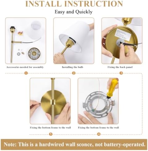 Bsmathom Wall Sconces Sets of 2, Hardwired Classic Brushed Brass Sconces Wall Lighting, Bathroom Vanity Light Fixture with Fabric Shade for Bedroom Living Room Hallway Kitchen, Bright Gold - Image 5