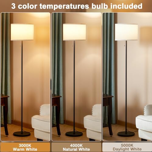 Ambimall Modern Standing Floor Lamp for Living Room & Bedroom with 3 Color Temperatures Bulb & Pull Chain Switch, 60" Tall with Beige Shade & Black Pole - Image 3