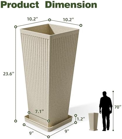 Square Tall Planters for Outdoor Plants with Tray - 24" Beige 2Pack - Image 2
