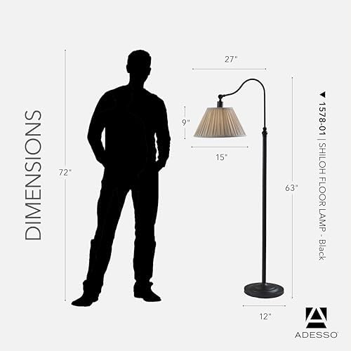 Adesso Floor Lamp, Black & Oatmeal, Pleated Shade, Curved Arm, 63” - Image 5