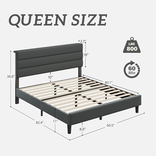 Fluest Queen Size Bed Frame, Platform Bed Frame with Velvet Upholstered Headboard, No Box Spring Needed, Sturdy Metal Support, Noise Free, Easy Assembly, Grey - Image 2