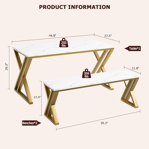 CABIHOME Space-Saving Rectangular Dining Table Set for 4 – Includes Table and 2 Benches – Durable x-Shaped Metal Frame – Perfect for Kitchen, Dining Room, Apartment, or Studio – Gold White - Image 6