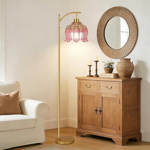 ILLMTW Pink Floor Lamp for Living Room,Bedroom,Glass Mid Century Modern Standing Lamp with Remote,Dimmable Gold Brass Tall Lamp Tulip Flower Arc Floor Light Boho Bohemian - Image 3