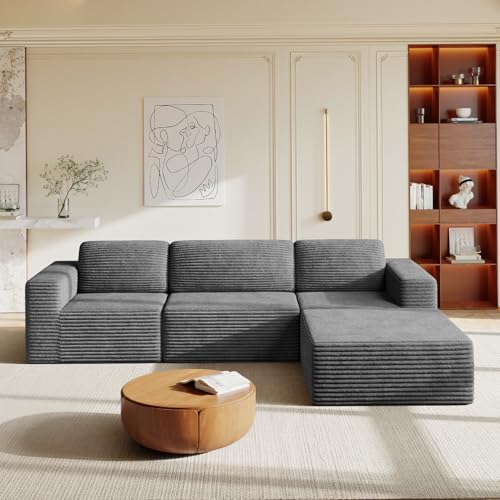 Vesgantti 119" L-Shaped Modular Sectional Sofa, Corduroy Cloud Couch with Deep Seating & Spring Support, Flexible Layout Sofa with Ottoman, Boneless Style, No Assembly Required, Grey by Vesgantti