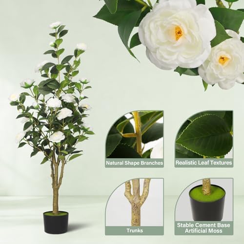 2-Pack 4FT Artificial Camellia Tree,Realistic Fake Potted Plants with Flowers&Planters,Indoor/Outdoor Faux Flowering Trees for Home,Office,Porch,Wedding,and Housewarming Gift Decor,White - Image 3