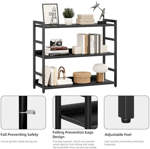 NUMENN Wide Bookshelf, 3 Tier Freestanding Shelving Unit, Black - Image 6