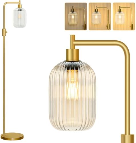 【Upgraded】 Dimmable Floor Lamp for Living Room with Clear Ribbed Glass Lampshade, Gold Modern Floor Lamp with 900LM LED Bulb Included, Arc Standing Tall Lamp for Bedroom, Office, Reading Room, Corner by Yemela