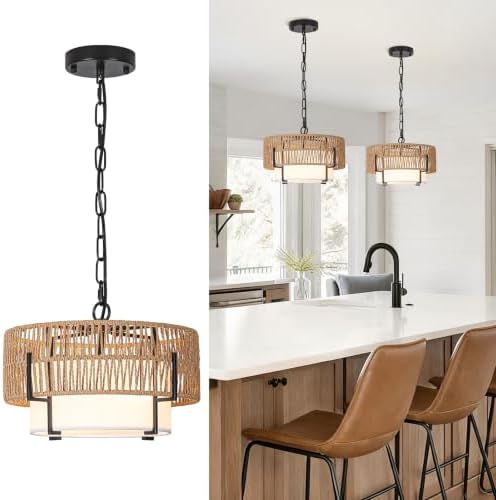 12.6" Rattan Pendant Light for Kitchen Island, Boho Chandelier by SupMaka