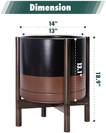 D'vine Dev Ceramic Pot with Walnut Wood Stand, Black/Tan, 14 in, 55-B-T-7 - Image 3