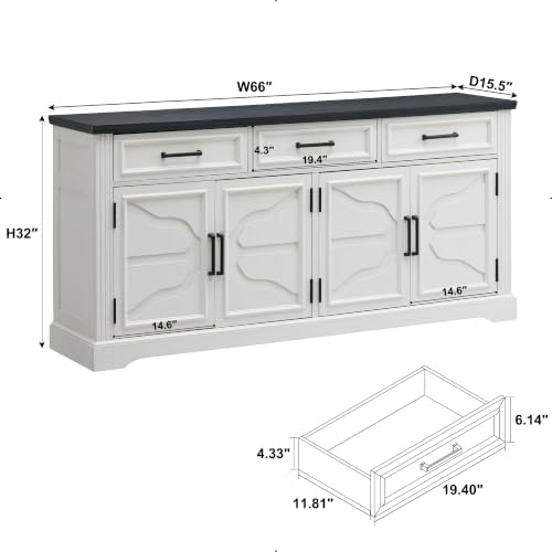JXQTLINGMU 66" Farmhouse Buffet Cabinet with Storage, Sideboard Credenza, Carved Cloud-Inspired Doors, 3 Drawers & Adjustable Shelves, Coffee Bar Cabinet, Off White - Image 2
