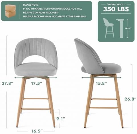 Swivel Bar Stools Set of 4, Counter Height Barstools for Kitchen Island, 26" Seat Height Bar Chairs for Dining Room, Velvet Upholstered Bar Stool with Back and Footrest, Gray - Image 2