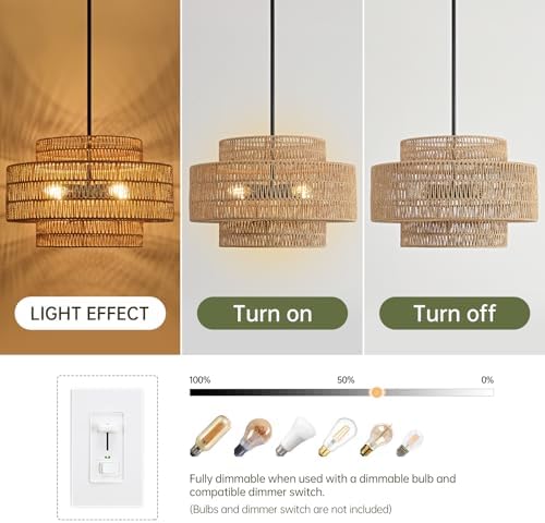 17.7" Rattan Chandelier for Dining Room, Large Boho Pendant Light - Image 4